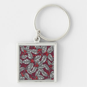 Chaveiro Morango Holly, folhas de cinza em vermelho escuro
