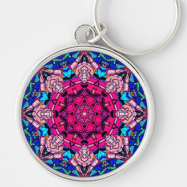 Chaveiro Mosaico Rosa Mandala Floral Psicélico Retro (Frente)