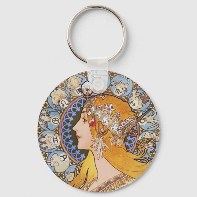Chaveiro Mucha Art Nouveau Poster - Zodiac - La Plume (Frente)