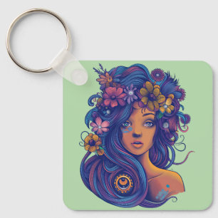Chaveiro Mulher Boho Fantasy com Cabelo Floral