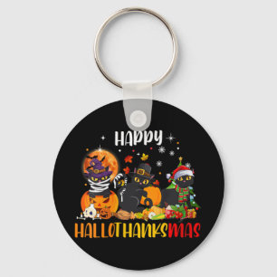 Chaveiro Mulher Feliz Hallothanksmas Camisa Negra Gato