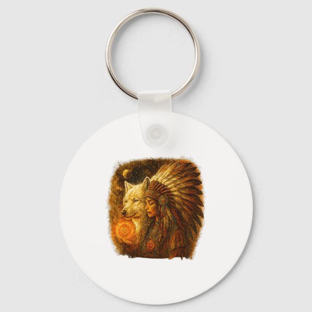 Chaveiro Mulher Indígena Americana Nativa Com Lobo Branco V (Frente)