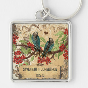 Chaveiro Musical Vintage Teal Birds Red Blooms Cadeia-Chave