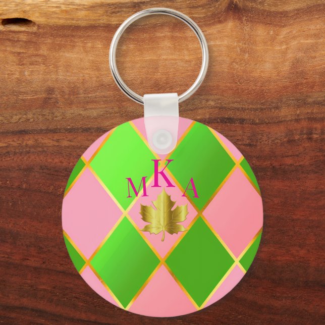 Chaveiro Na moda Monograma Rosa e Estilo Verde (Frente)