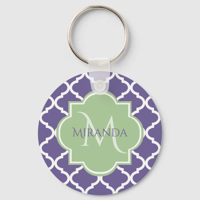 Chaveiro Na moda Purple Quatrefoil e Nome Monograma Verde (Frente)