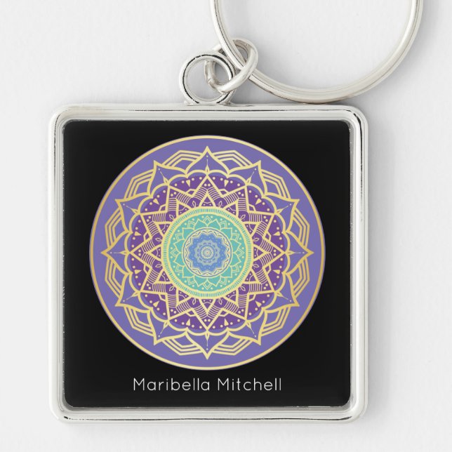 Chaveiro Namaste Roxo Índigo Dourado Turquesa Mandala Boho (Frente)