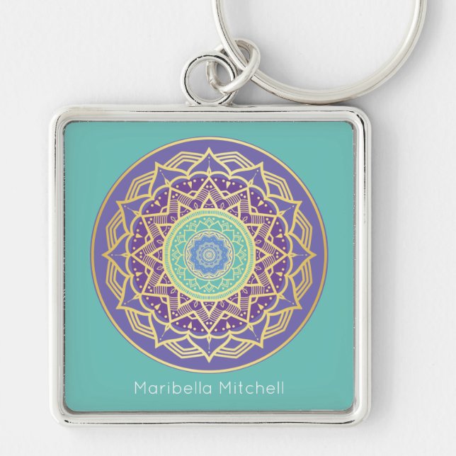 Chaveiro Namaste Roxo Índigo Dourado Turquesa Mandala Boho (Frente)