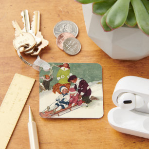 Chaveiro Natais vintages, Crianças Dormindo na Neve