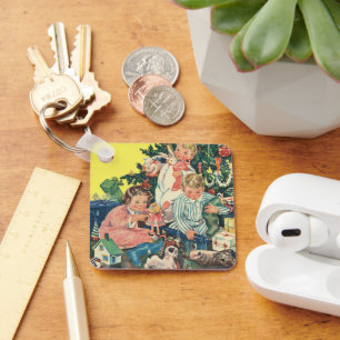 Chaveiro Natais vintages de manhã, crianças abrindo present