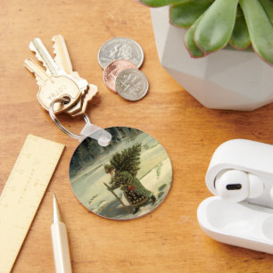 Chaveiro Natais vintages, Papai Noel Carregando uma árvore