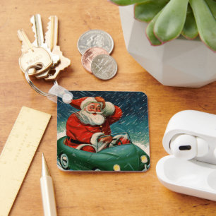 Chaveiro Natais vintages, Papai Noel em um carro bonito