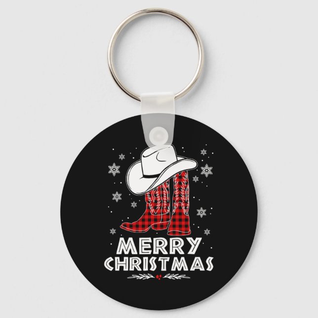 Chaveiro Natal Alegre Botas de Cowboy Xadrez Búfalo Vermelh (Frente)