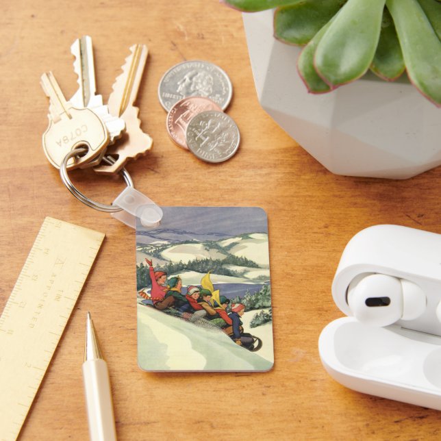 Chaveiro Natal Antigo, Crianças Deslizando em uma Montanha (Mesa)