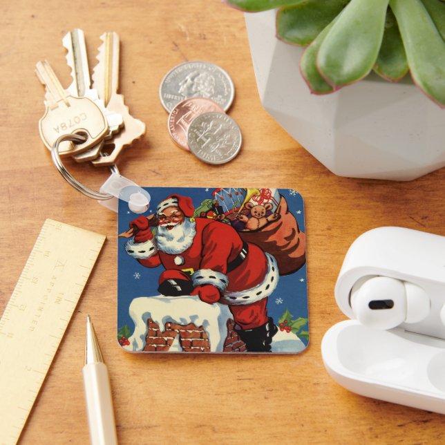 Chaveiro Natal Antigo, Papai Noel Descendo a Chaminé com Pr (Mesa)