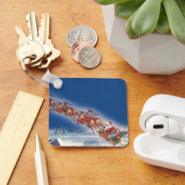 Chaveiro Natal Antigo, Papai Noel Voando com Trenó e Rena