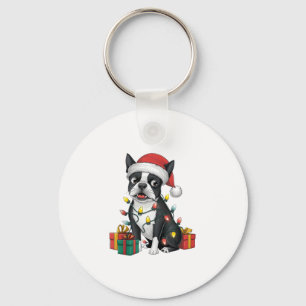 Chaveiro Natal de Santa Hat Boston Terrier Dog de Xmas Ligh