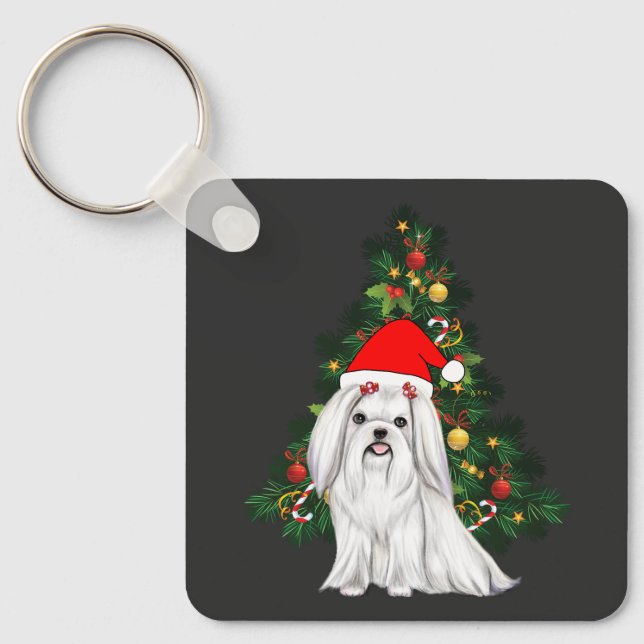 Chaveiro Natal Maltês, Xmas Maltês Cachorro com chapéu de P (Frente)