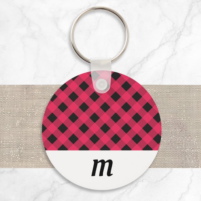 Chaveiro Natal Monogramado Xadrez Búfalo Rústico (A keyring with red and black buffalo check pattern, and a white section to customize with a monogram)