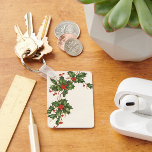 Chaveiro Natal vintage, planta do azevinho com bagas