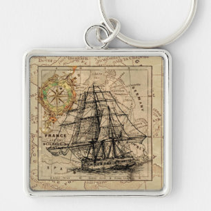 Chaveiro Navio Vintage e velho mapa europeu