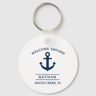 Chaveiro Navy Blue Welcome Aboard Custom Monogram Name