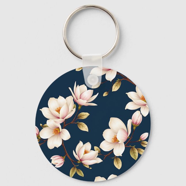 Chaveiro Navy Cream Magnolia Blossom Pattern (Frente)