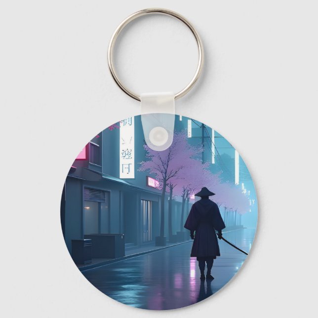 Chaveiro Neon Samurai Keychain – Retro Anime Tokyo Design (Frente)