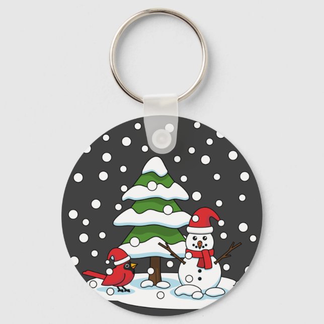 Chaveiro Neve Caindo no Cardeal, Snowman e Pine Tree (Frente)