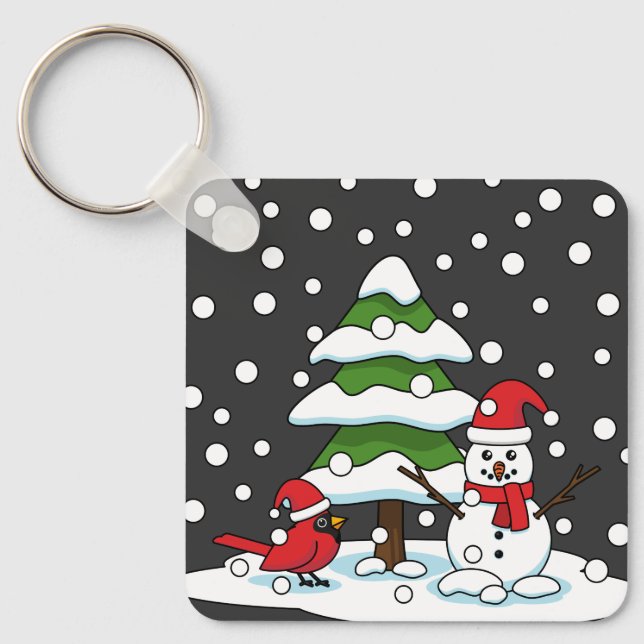 Chaveiro Neve Caindo no Cardeal, Snowman e Pine Tree (Frente)