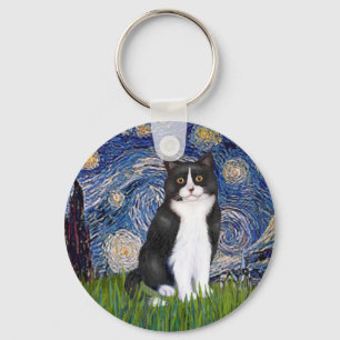 Chaveiro Noite Estrelada - Gato Preto e Branco