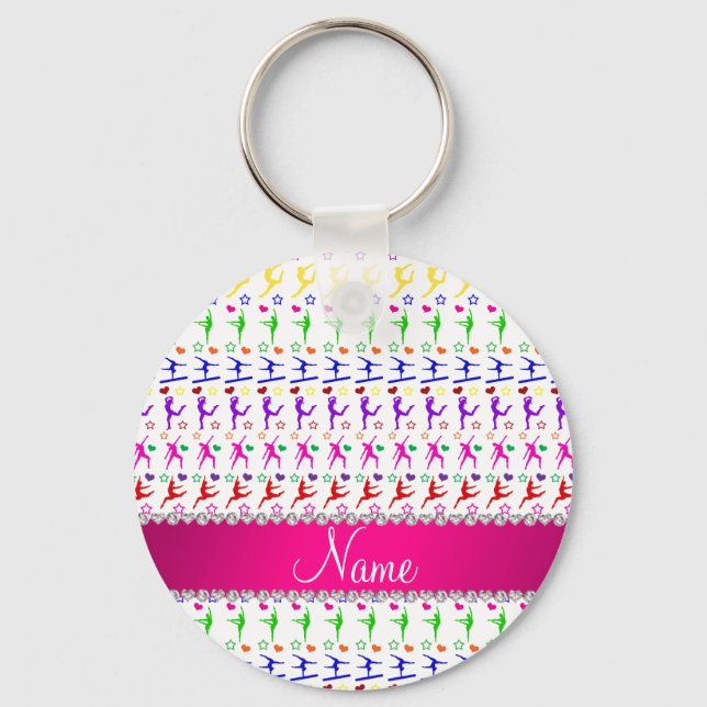 Chaveiro Nome branco cor-de-rosa ginástica arco-íris coraçõ (Frente)