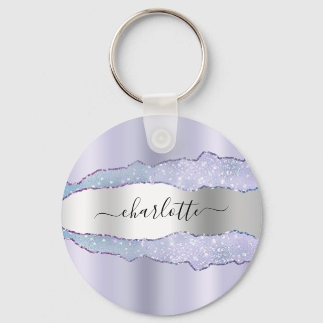 Chaveiro Nome de mármore do agate prateado violeta lavanda (Frente)