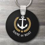 Chaveiro Nome do barco Âncora Estilo Dourado Laurel Star Ma<br><div class="desc">Um Chaveiro personalizado com seu nome de barco, nome de família ou outro texto desejado, conforme necessário. Apresentando uma âncora náutica personalizada, folhas de louros de estilo ouro e emblema de estrela em preto ou ajustando facilmente a cor primária para corresponder ao seu tema atual. Faz um excelente em qualquer...</div>