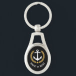 Chaveiro Nome do boi Anchor Estilo Dourado Laurel e Star Bl<br><div class="desc">Um chaveiro de metal personalizado com seu nome de barco, nome de família ou outro texto desejado, conforme necessário. Apresentando uma âncora náutica personalizada, folhas de louros de estilo ouro e emblema de estrela em preto ou ajustando facilmente a cor primária para corresponder ao seu tema atual. Faz um excelente...</div>