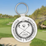 Chaveiro Nome do Clube de Golfe Clássico Personalizado<br><div class="desc">Apresentando um clássico clube de golfe atravessado e um design de bola de golfe e uma fronteira de efeito de selo envelhecida, estas cadeias-chave são ideais para todos os clubes de golfe e membros do clube de golfe. Personalizar com o nome do membro do clube, o nome do clube de...</div>