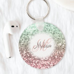 Chaveiro Nome do Monograma da Largura Verde Cor-de-Rosa Per<br><div class="desc">Personalize facilmente este belo chaveiro brilhante brilhante cor-de-rosa cinza e verde,  com o seu monograma e nome de escrita manual personalizados.</div>