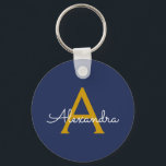 Chaveiro Nome do Monograma da Rapariga do Script Moderno Do<br><div class="desc">Chaveiros com nomes marinhos de Monograma Simples Azul e Dourado de Script (Cadeia-Chave). Isto faz o doce e perfeito aniversário de 16 anos,  casamento,  chá de panela,  aniversário,  chá de fraldas ou festa de solteira presente para alguém que ama luxo de luxo e estilos quíticos.</div>