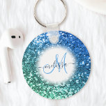 Chaveiro Nome do Monograma da Sereia da Glitter Azul Person<br><div class="desc">Personalize facilmente este belo chaveiro brilhante faux faux faux com seu monograma e nome personalizados de script manuscrito.</div>