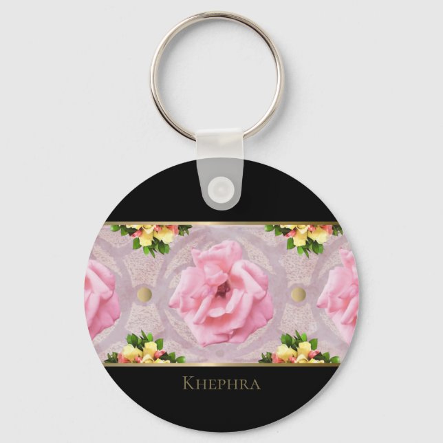 Chaveiro Nome do Monograma de Cor Floral Rosa (Frente)