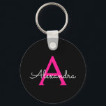 Chaveiro Nome do Monograma Girly Black Script Hot-Pink<br><div class="desc">Chaveiros com nomes de Monograma Simples de Script Preto e Rosa Quente (Cadeia-Chave). Isto faz o doce e perfeito aniversário de 16 anos,  casamento,  chá de panela,  aniversário,  chá de fraldas ou festa de solteira presente para alguém que ama luxo de luxo e estilos quíticos.</div>