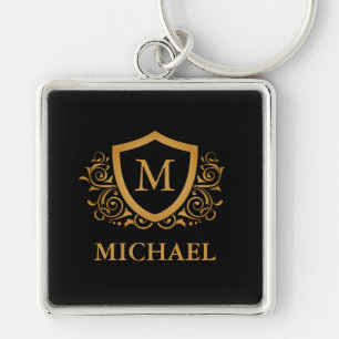 Chaveiro Nome do Monograma Personalizado de Na moda Preto e