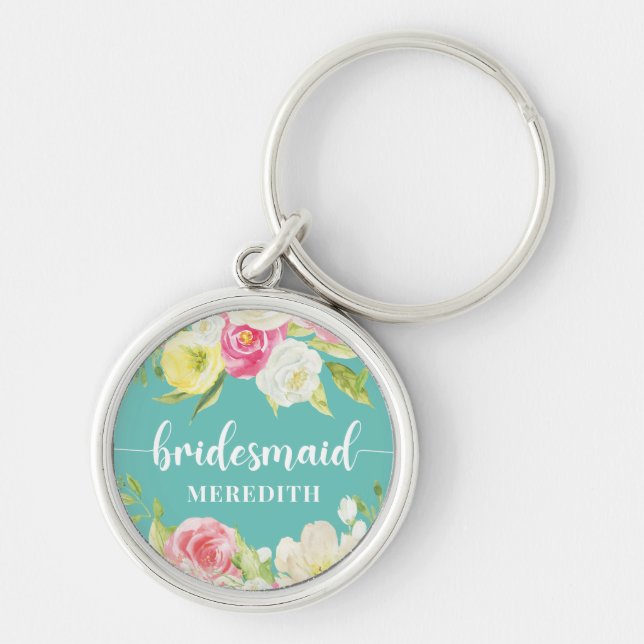 Chaveiro Nome Floral de Bridesmaid Verde Azul (Frente)