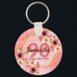 Chaveiro nome geométrico cor-de-rosa-90<br><div class="desc">Um chaveiro de tendências para uma festa de aniversário 90. Com uma estrutura geométrica em forma de hexágono dourado falsa. Decorados com flores de dália aquosa, cor-de-rosa, creme e coral. Vivendo coral com bolinhas como fundo. Modelos para um nome, 90 anos e uma data. Data de nascimento ou data da...</div>