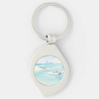 Chaveiro nome ondas de praia aquarela azul pastel editável 