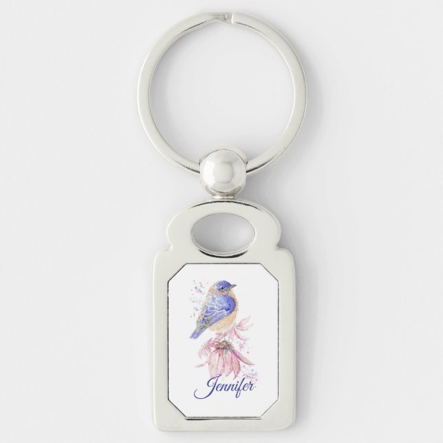 Chaveiro Nome personalizado Aquarela Bluebird Garden Bird A (Frente)