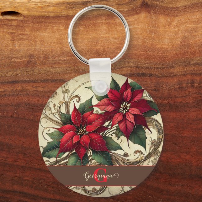 Chaveiro Nome Personalizado Art Nouveau Poinsettia de Natal (Frente)