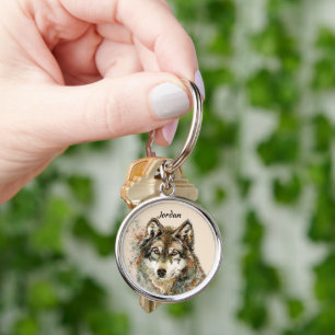 Chaveiro Nome Personalizado Cabeça de Lobo Aquarela