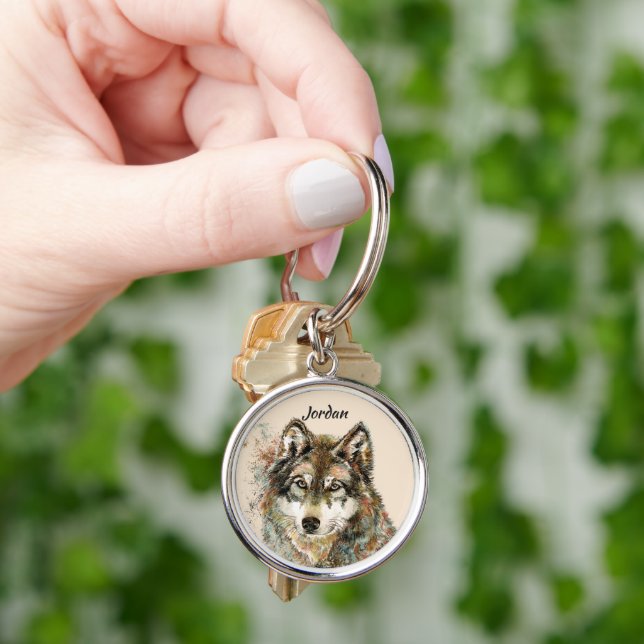 Chaveiro Nome Personalizado Cabeça de Lobo Aquarela (Mão)