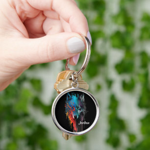 Chaveiro Nome Personalizado Cabeça de Lobo Estilizada Abstr