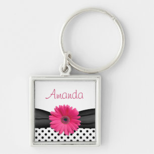 Chaveiro Nome personalizado da Bolinhas Negra Rosa Gerbera